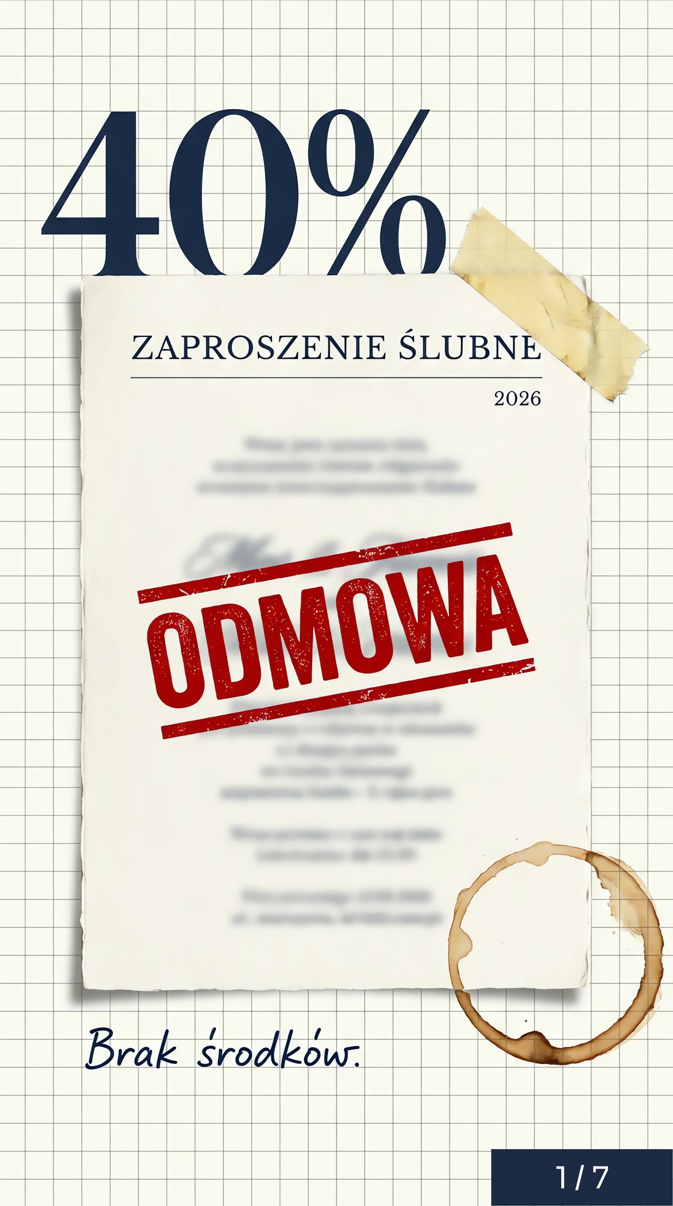 Plakat śledczy: 40% par odkłada wesele — zaproszenie ślubne ze stemplem ODMOWA