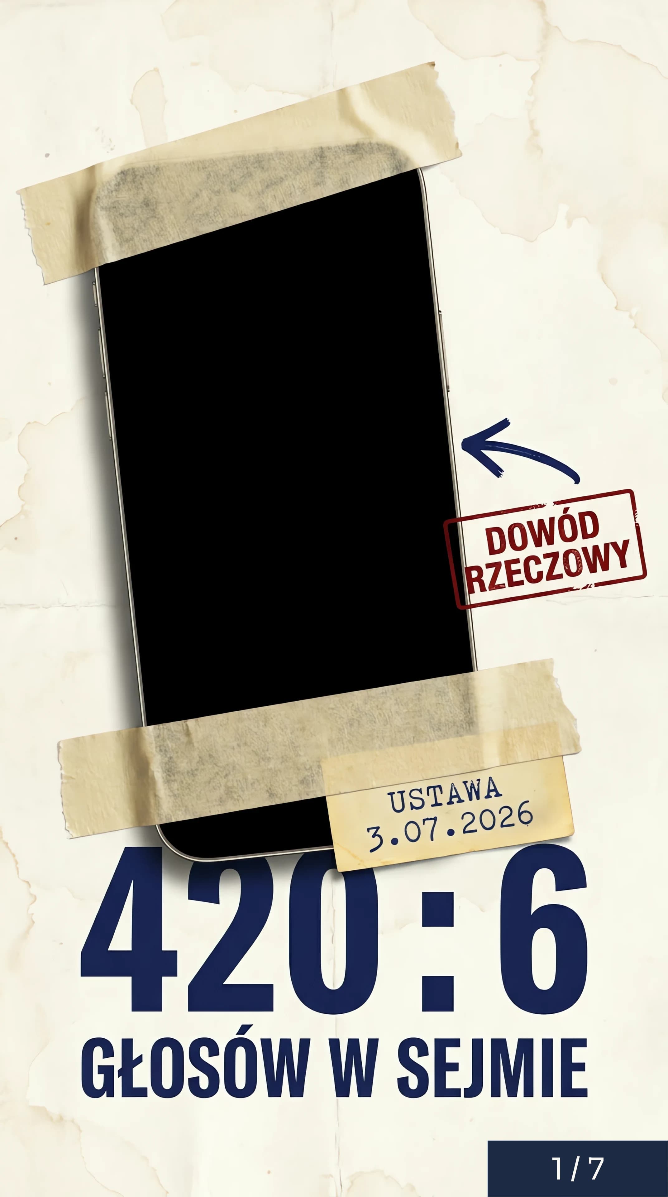 Plakat śledczy: smartfon przyklejony taśmą jako dowód rzeczowy — ustawa z 3.07.2026, głosowanie 420:6